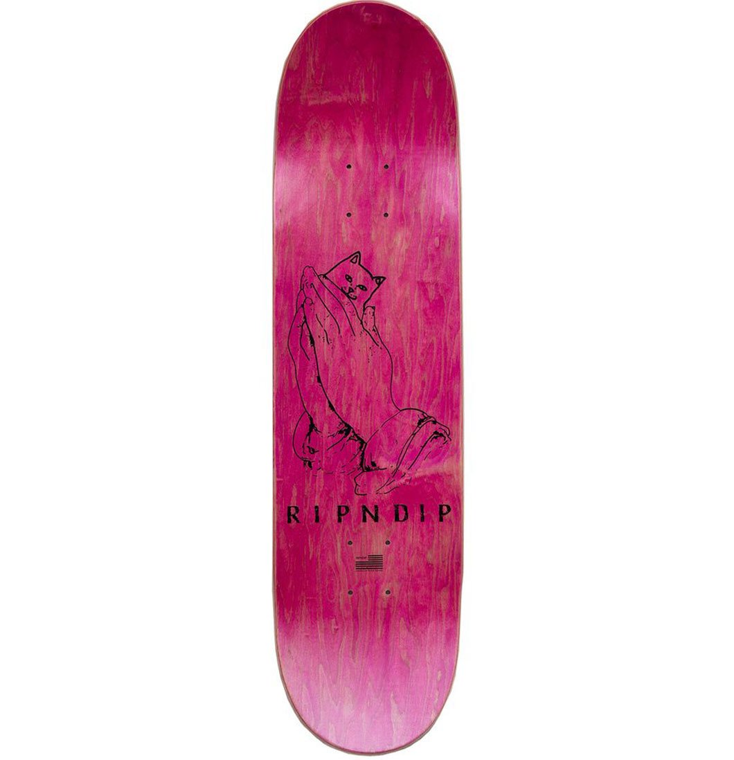 RIPNDIP skateboard i Lyserødt træ med stregtegning af katten Nerm mellem to sammenklappede hænder